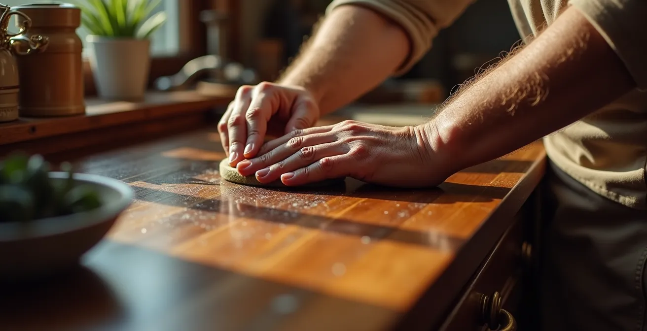 Aplicación profesional de cera oscura en mueble antiguo