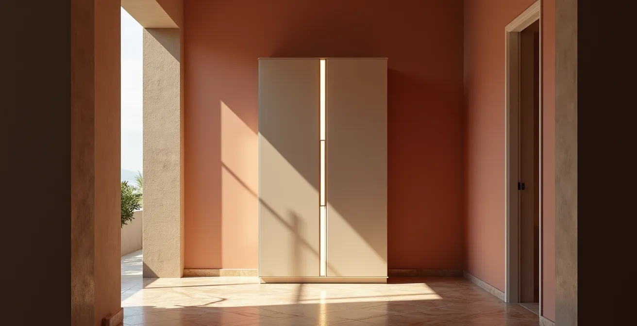 Armario alto con diseño bicolor y luces LED integradas en pasillo de vivienda española