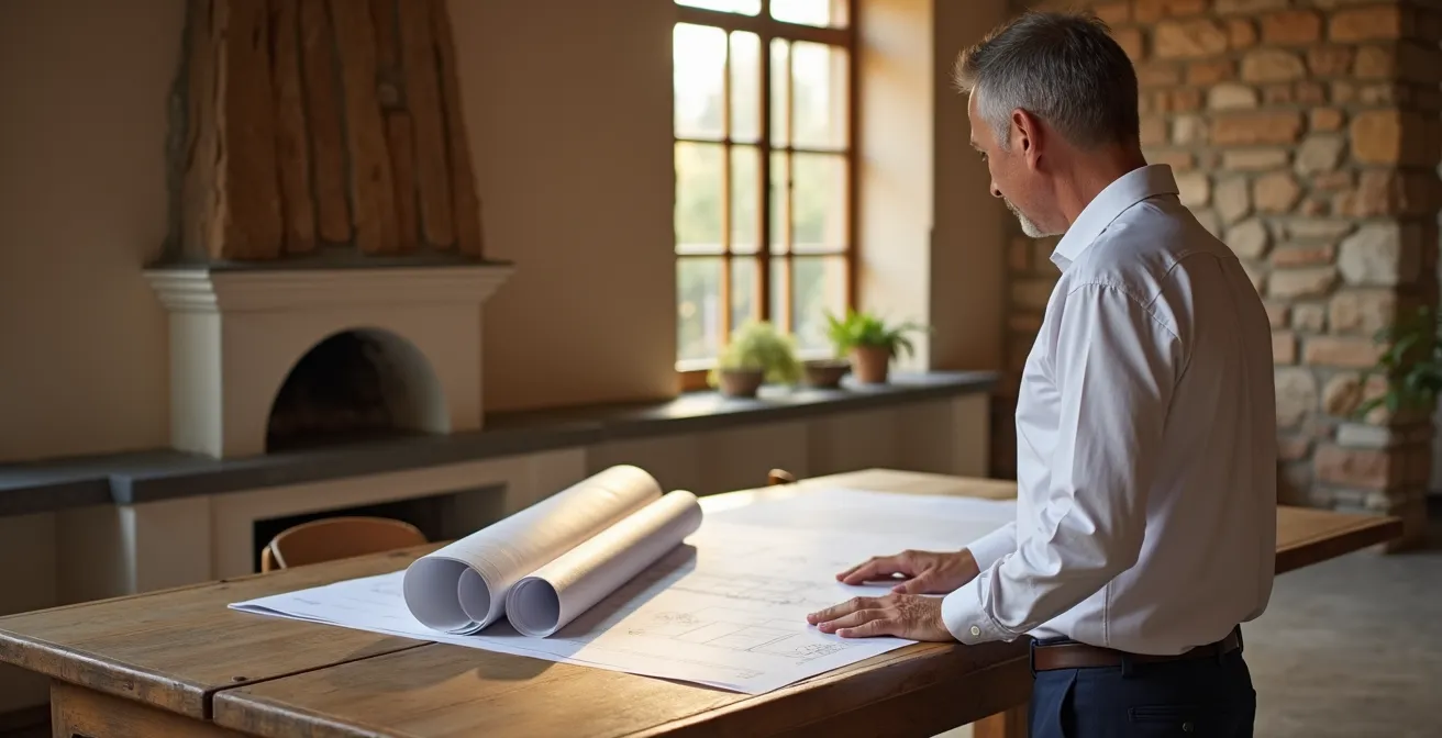 Arquitecto profesional analizando planos estructurales de edificio antiguo español