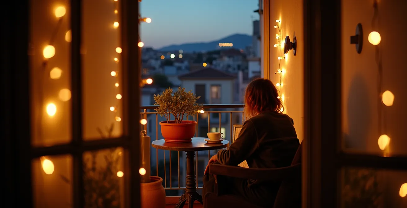 Balcón pequeño español con iluminación LED integrada conectando visualmente con el salón interior