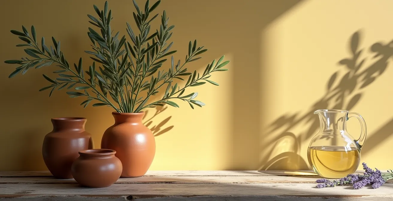Detalle de plantas mediterráneas junto a madera de pino español y luz natural filtrada