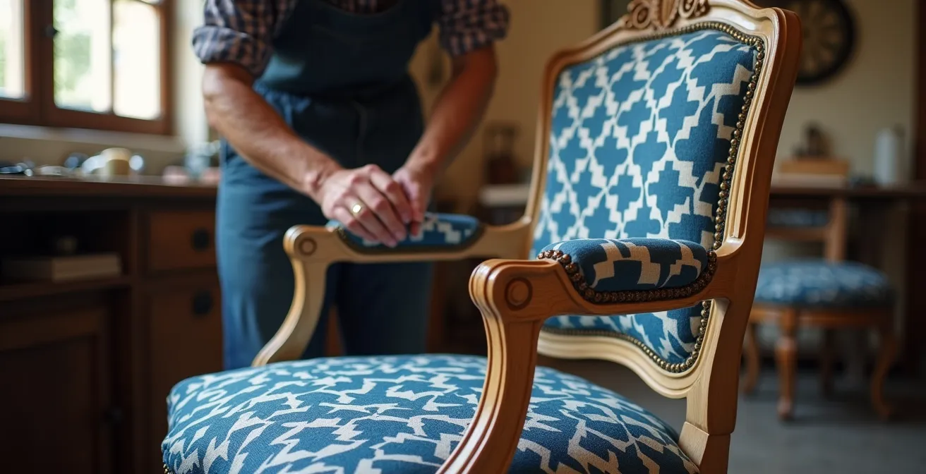 Butaca Luis XV restaurada con tapizado geométrico contemporáneo en salón español