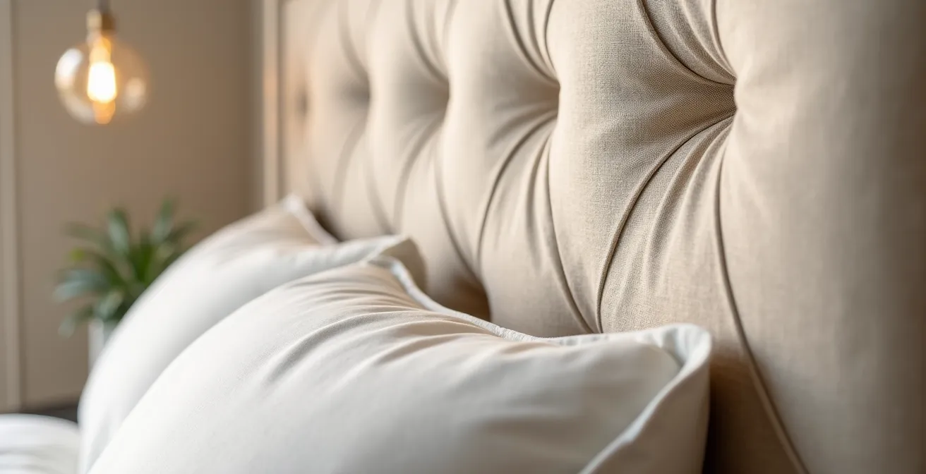 Cabecero tapizado de pared a pared con efecto acústico que crea una sensación de refugio en un dormitorio moderno.