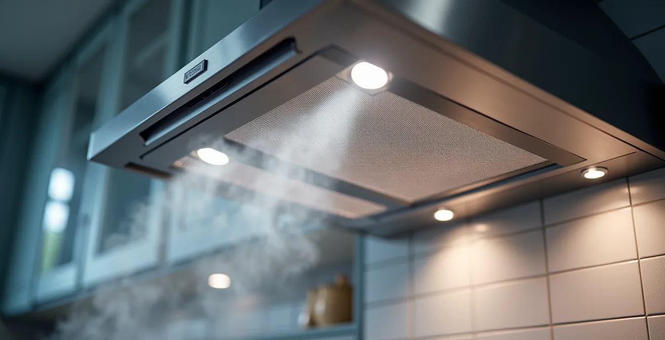 Campana extractora de alta potencia sobre isla de cocina en espacio abierto