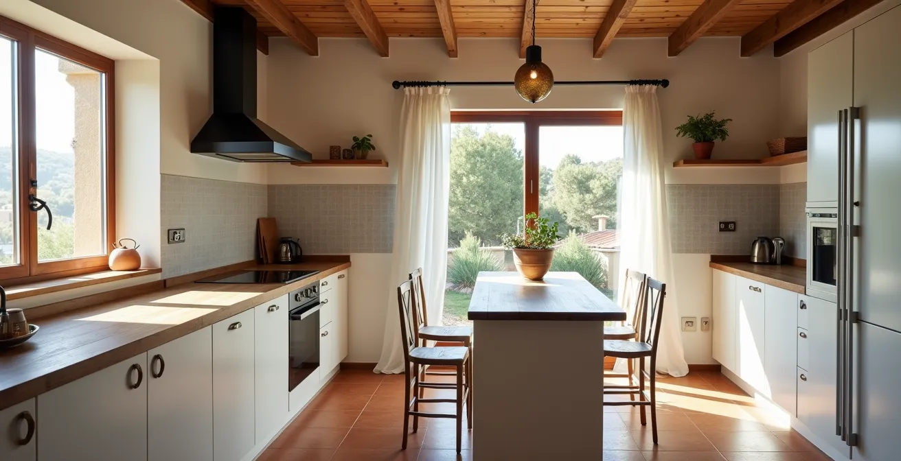 Cocina española moderna con encimera de madera, armarios blancos y electrodomésticos actualizados en composición simétrica