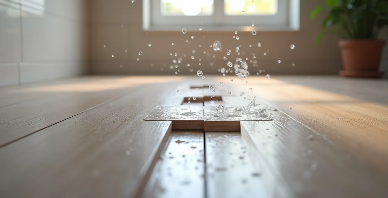 Vista detalle de instalación de suelo vinílico en baño moderno
