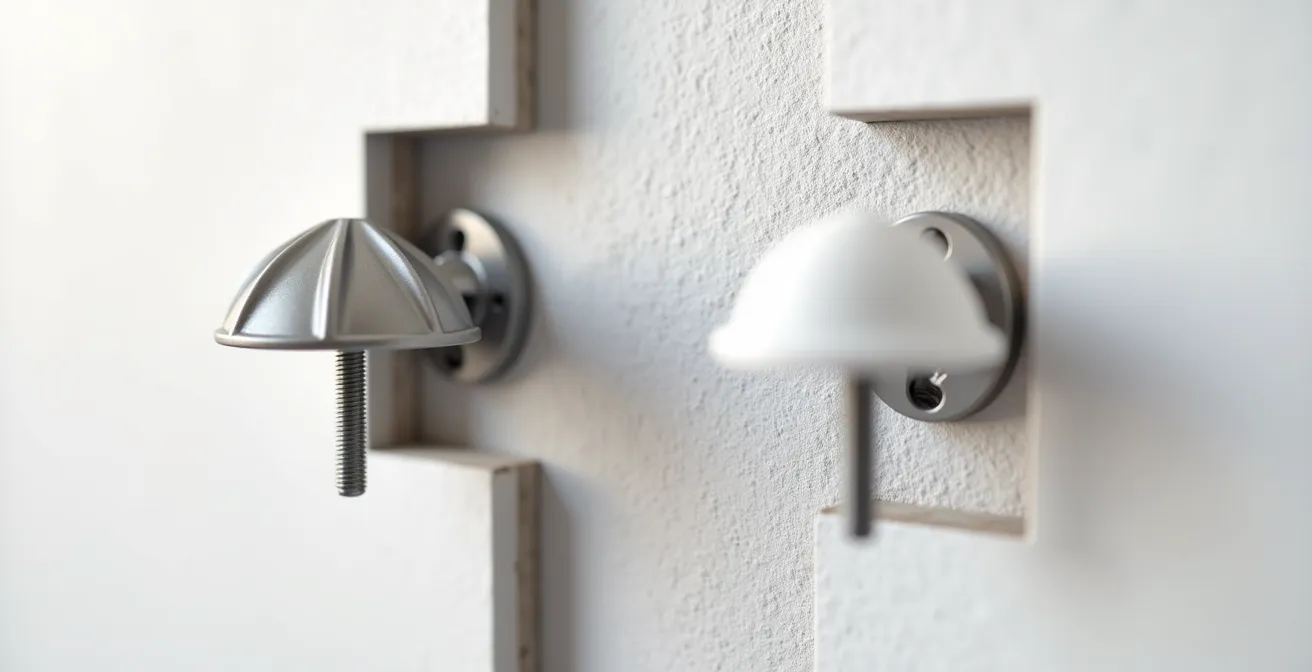 Comparación visual de tacos metálicos y de plástico mostrando el efecto palanca en pladur