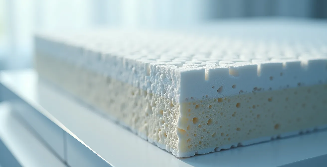 Vista macro del interior de un colchón de espuma HR mostrando la estructura celular y densidad