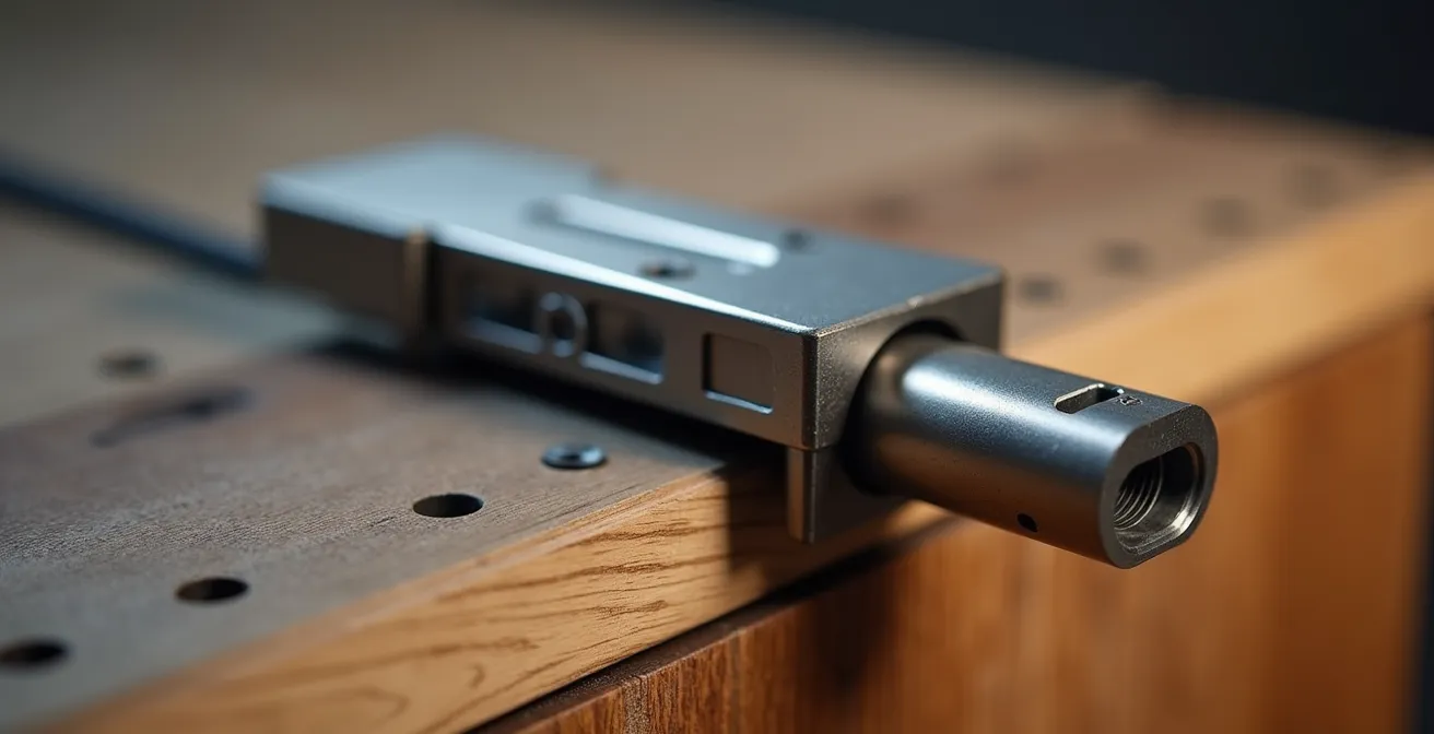 Detalle macro del mecanismo de guías telescópicas de alta calidad