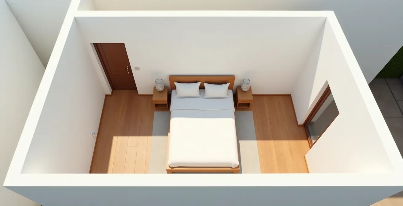 Vista aérea de un dormitorio urbano que muestra la distribución óptima de la cama en diagonal a la puerta para maximizar la sensación de seguridad.