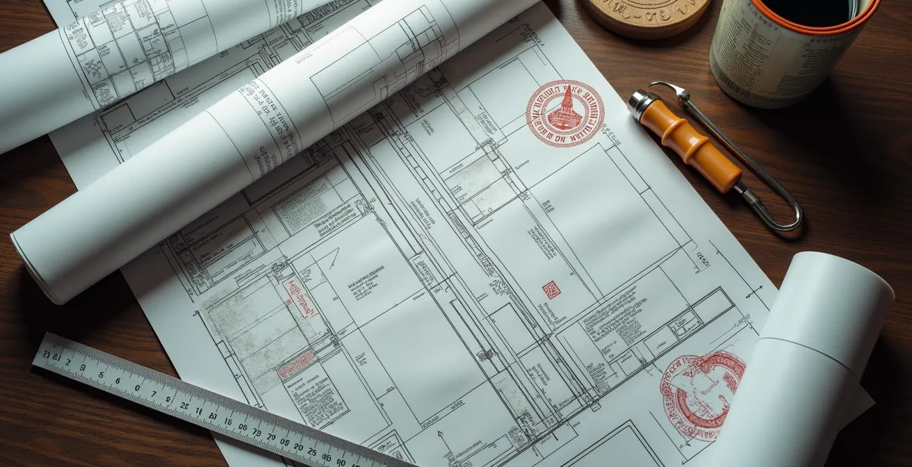 Mesa de trabajo con planos arquitectónicos y documentos oficiales para reforma