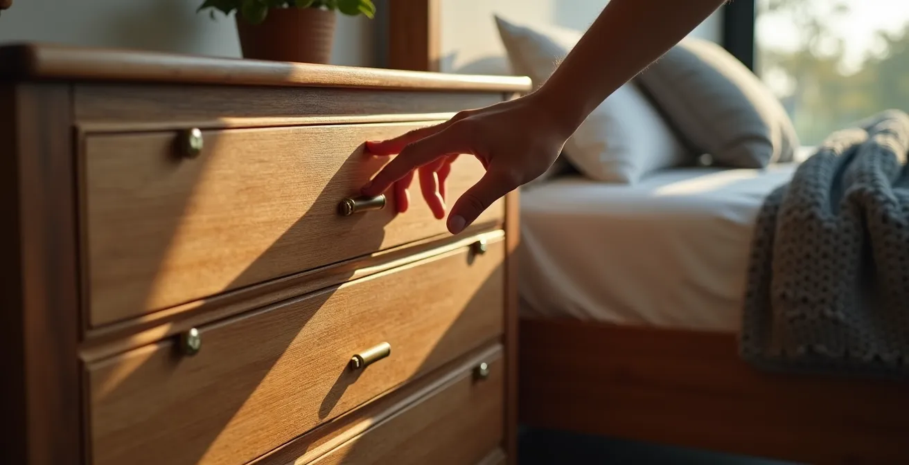 Habitación elegante con una cómoda antigua restaurada junto a una cama de diseño minimalista y contemporáneo