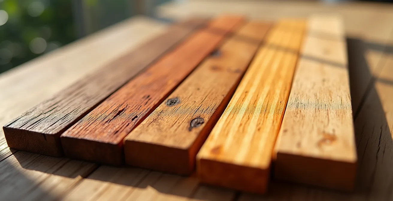 Comparación visual del envejecimiento por el sol en diferentes tipos de madera española como nogal, cerezo, roble y pino.