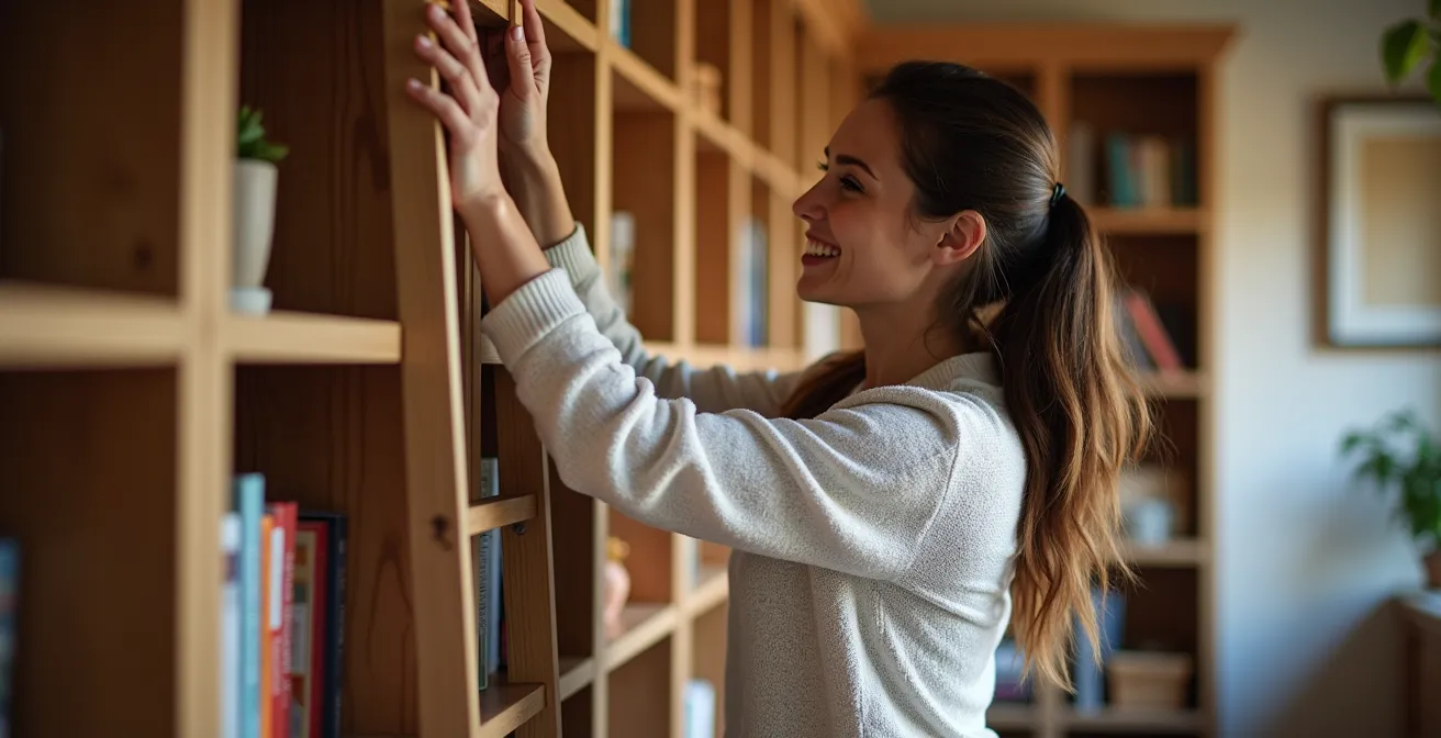 Escalera de biblioteca deslizante junto a armario de tres metros en interior español moderno
