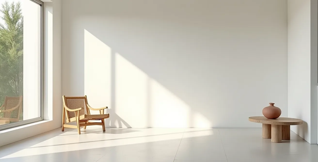 Salón minimalista mediterráneo con espacio despejado, luz natural y elementos esenciales