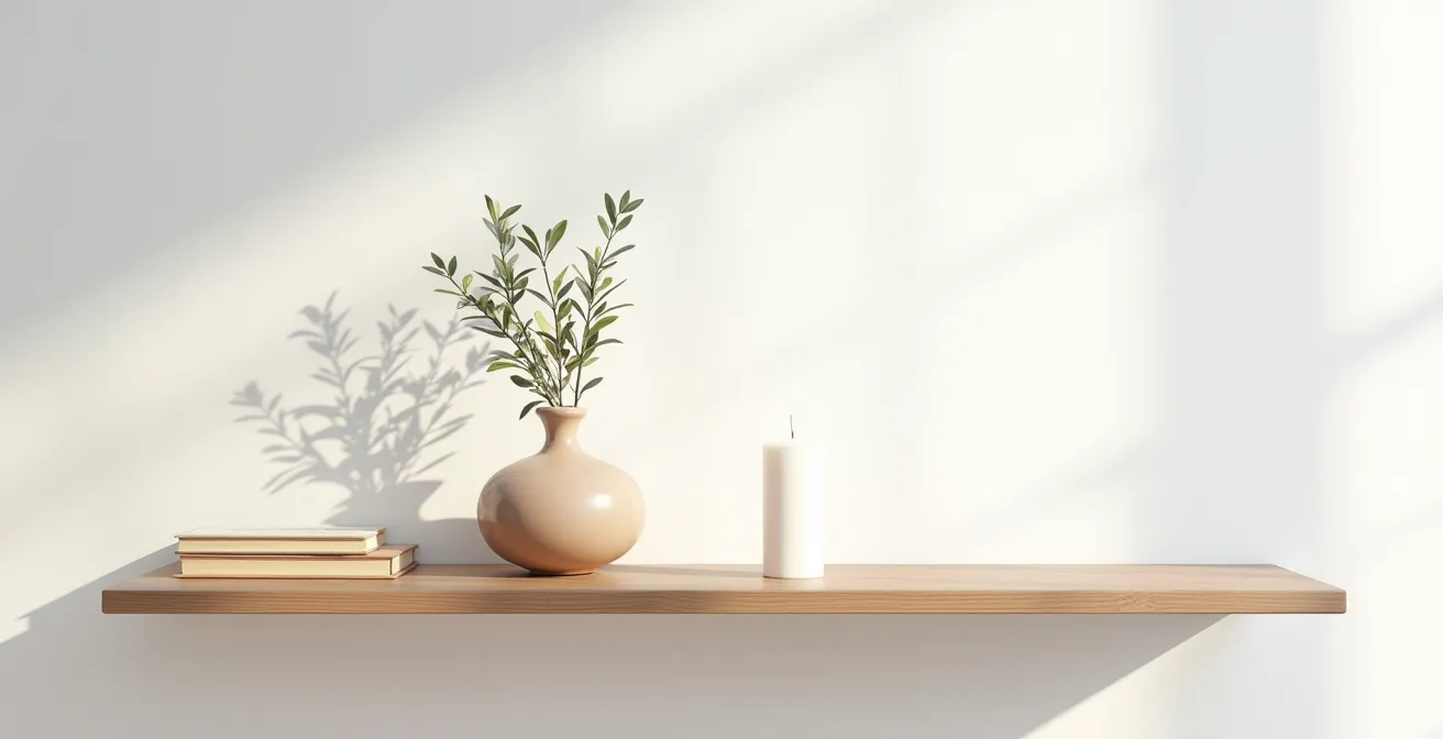 Estantería despejada con composición minimalista de tres elementos mediterráneos