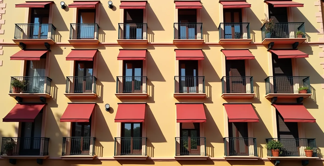 Fachada de edificio residencial español con toldos uniformes manteniendo armonía estética