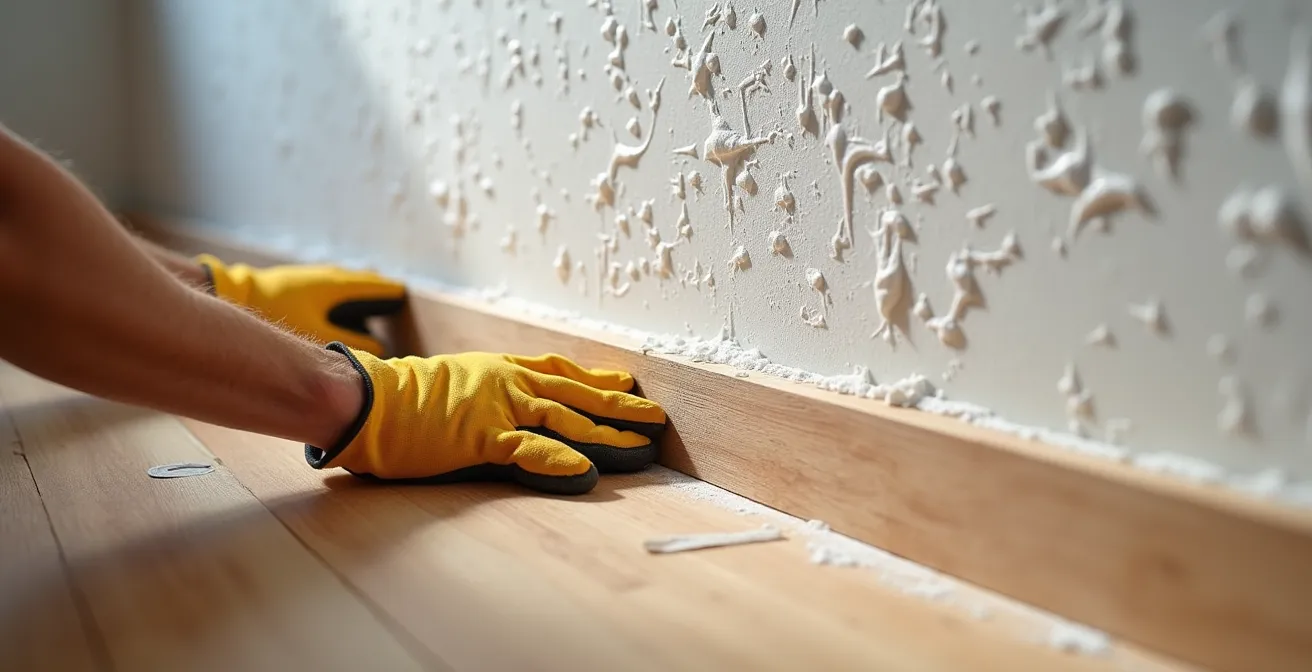 Detalle macro de técnica de fijación de rodapié en pared con gotelé usando adhesivo