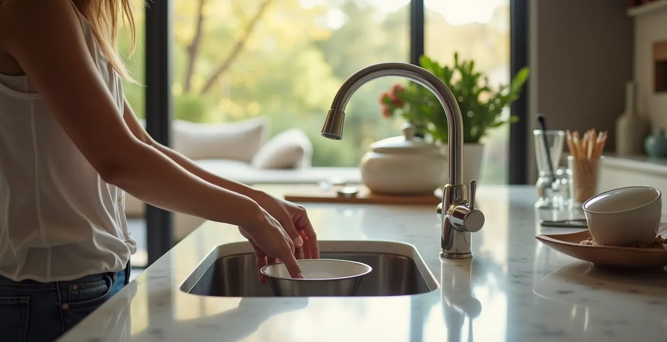 Península de cocina con fregadero integrado y pantalla visual hacia el salón
