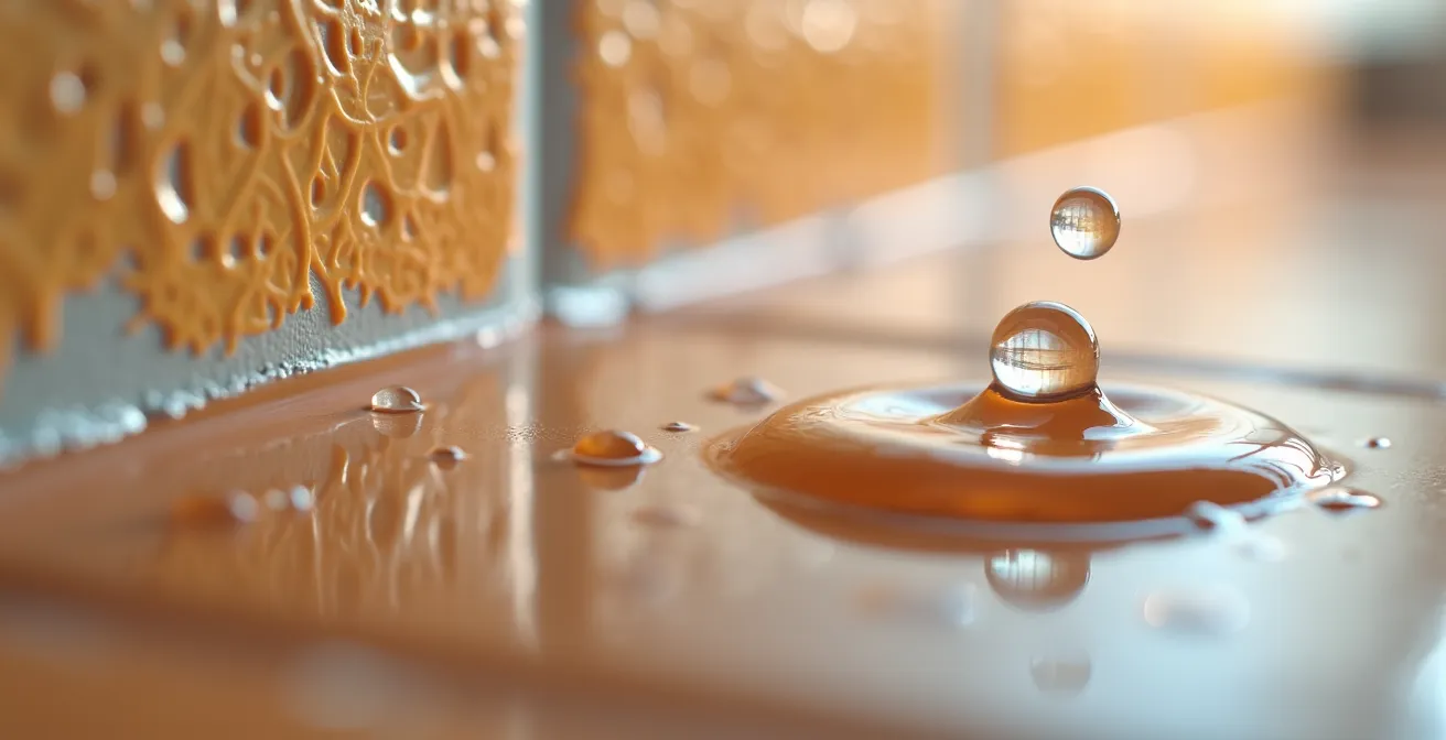 Demostración de la prueba de la gota de agua en una pared de cocina, mostrando cómo el agua forma perlas sobre una superficie con grasa invisible.