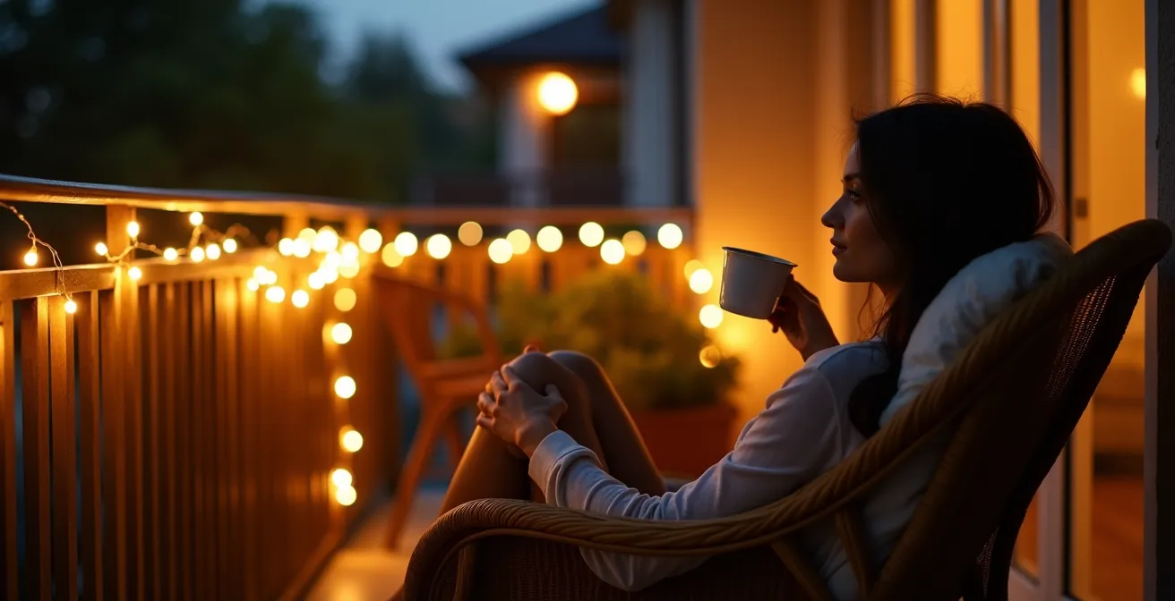 Iluminación nocturna de balcón con guirnaldas solares creando ambiente acogedor