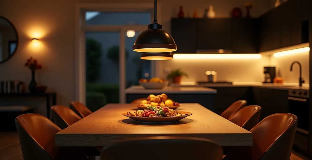 Sistema de iluminación por capas en comedor integrado con cocina abierta