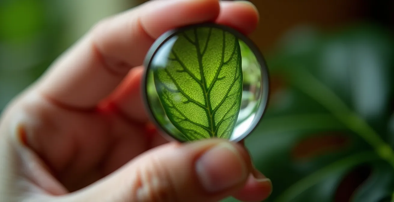 Primer plano de inspección detallada del envés de una hoja con lupa de joyero