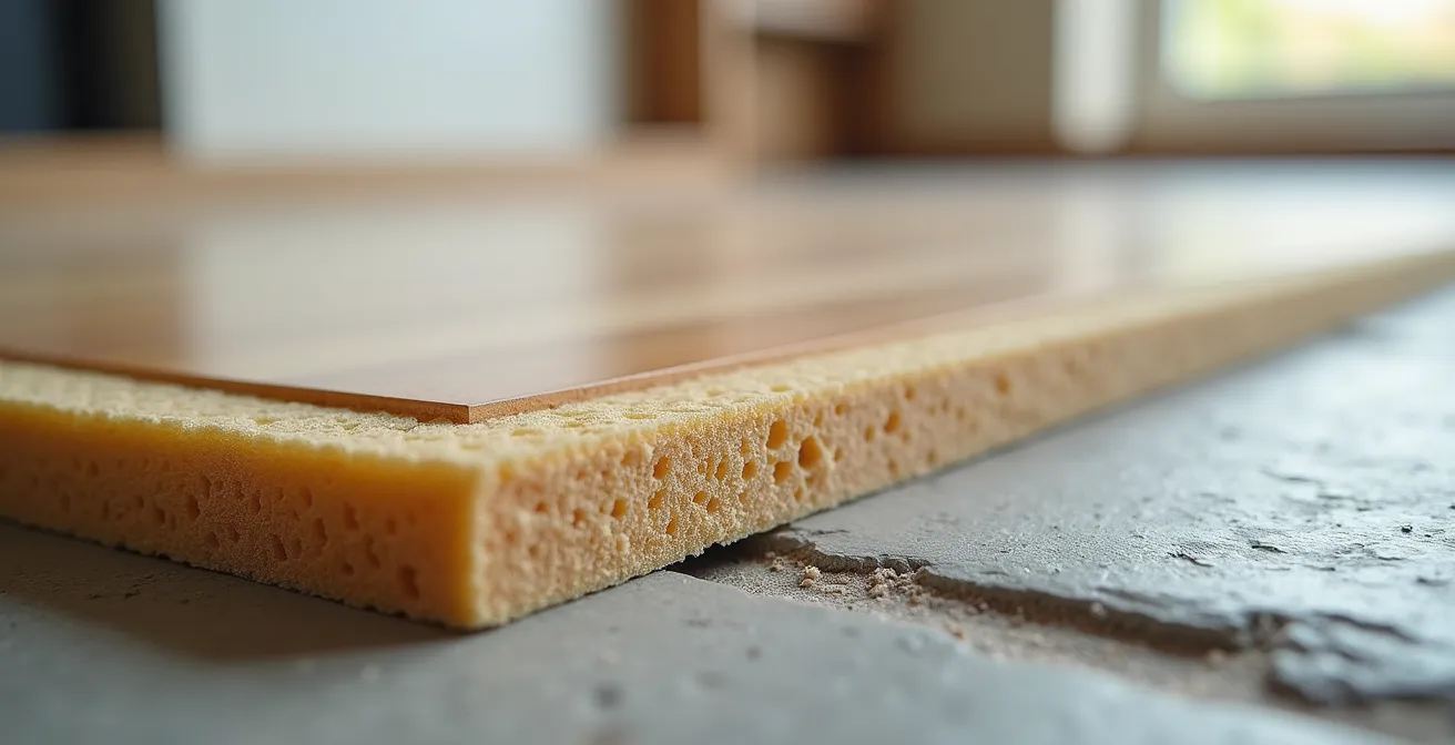 Detalle de instalación de manta acústica bajo suelo flotante