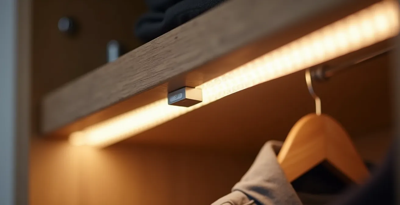 Detalle macro de la instalación de un sensor LED discreto en el interior de un armario con iluminación uniforme