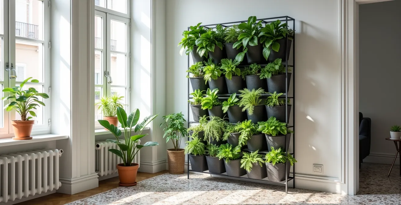 Sistema modular de jardín vertical autoportante en salón urbano español