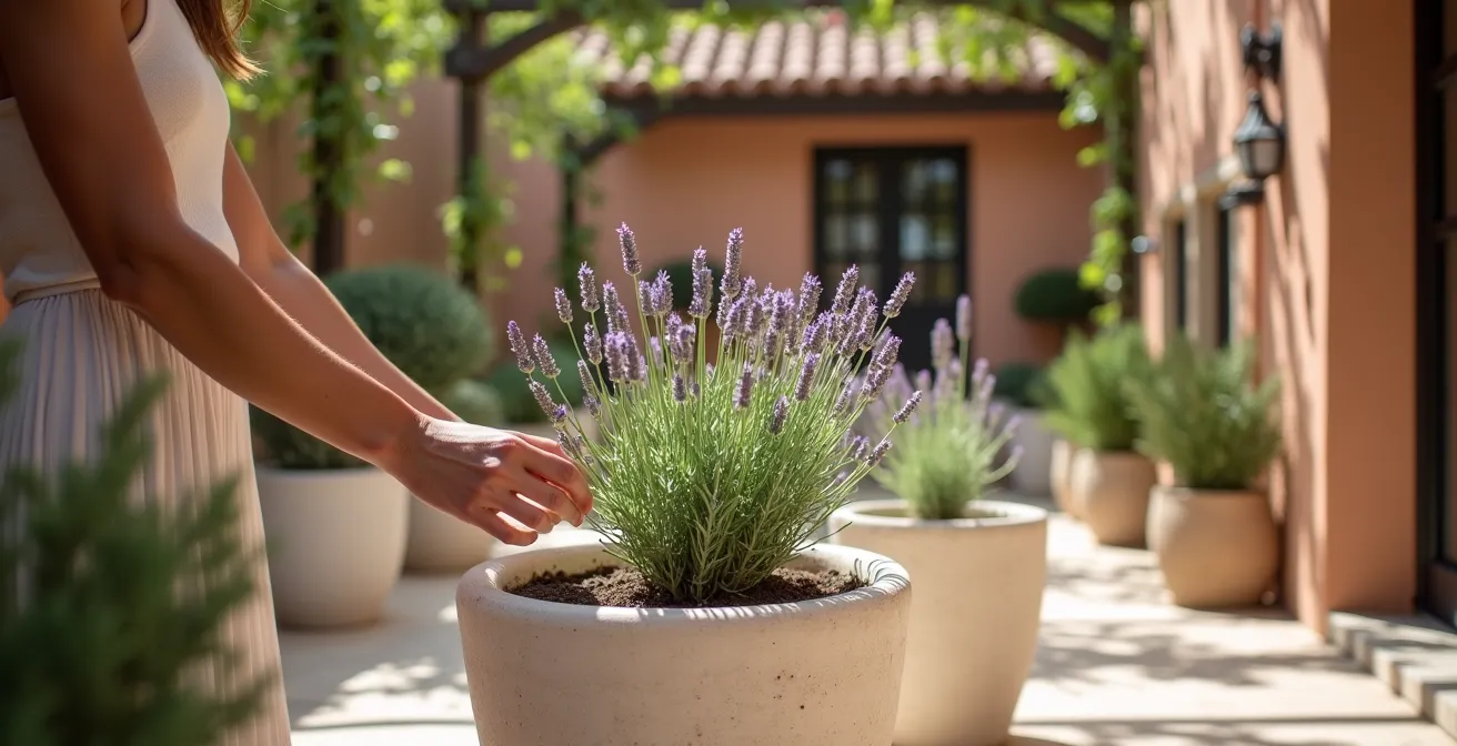 Jardineras de obra escalonadas con acabado de cal blanca y plantas mediterráneas en patio español