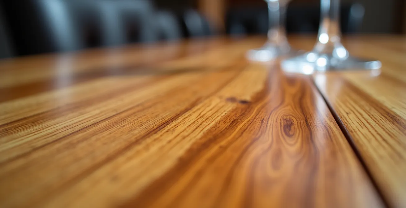 Detalle macro de mesa de madera con acabado barnizado mostrando la veta natural
