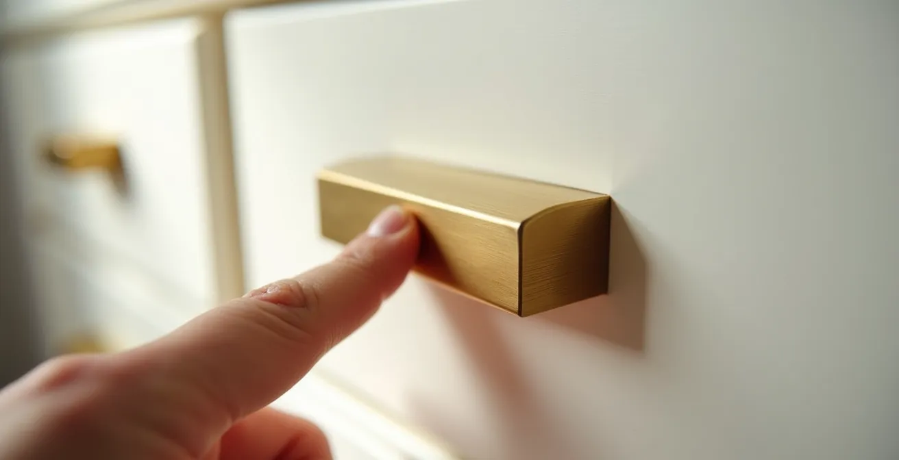 Detalle de cómoda con nuevos tiradores de latón cepillado que le dan un aspecto de diseño