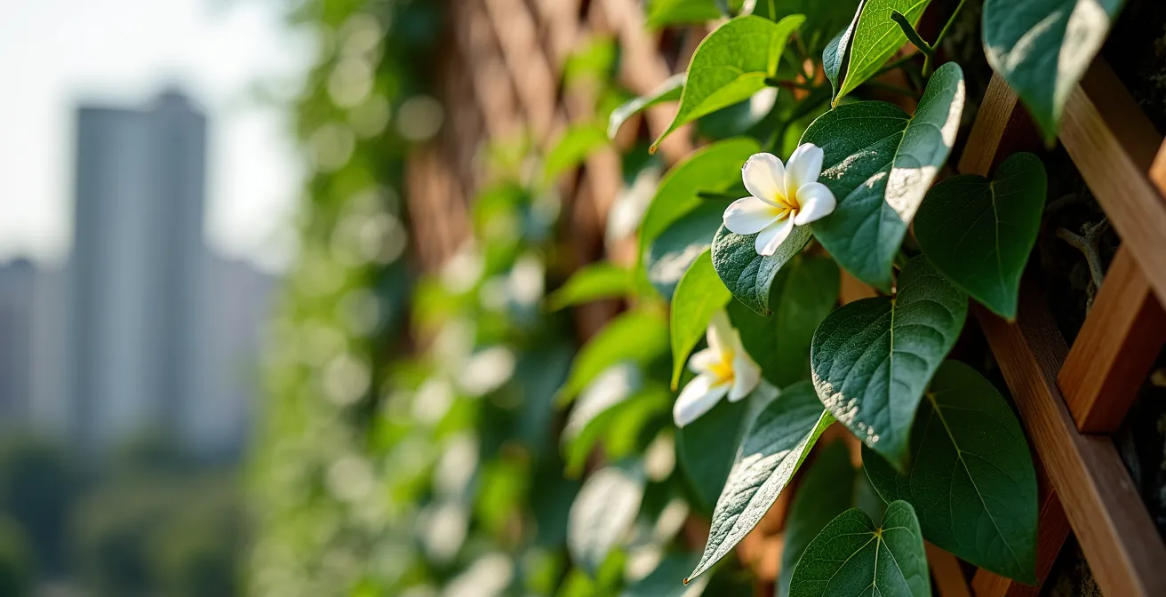 Muro verde con plantas trepadoras mediterráneas en balcón urbano español
