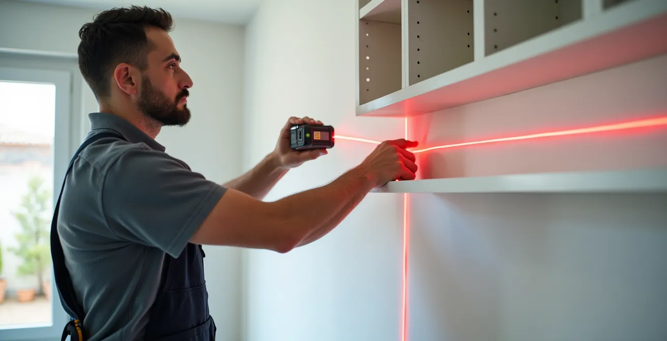 Instalación de estanterías modulares con nivel láser en pared de pladur