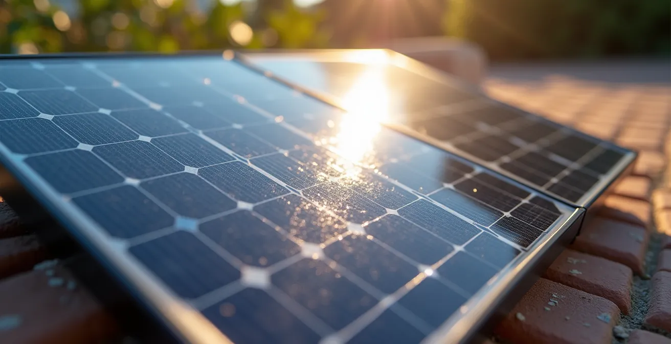 Detalle macro de panel solar monocristalino con batería de litio de alta capacidad para iluminación de jardín