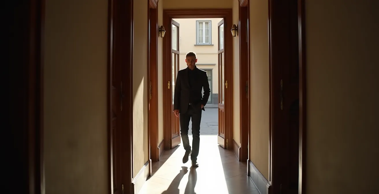 Pasillo largo y estrecho de piso antiguo madrileño con puertas de cristal que permiten el paso de luz