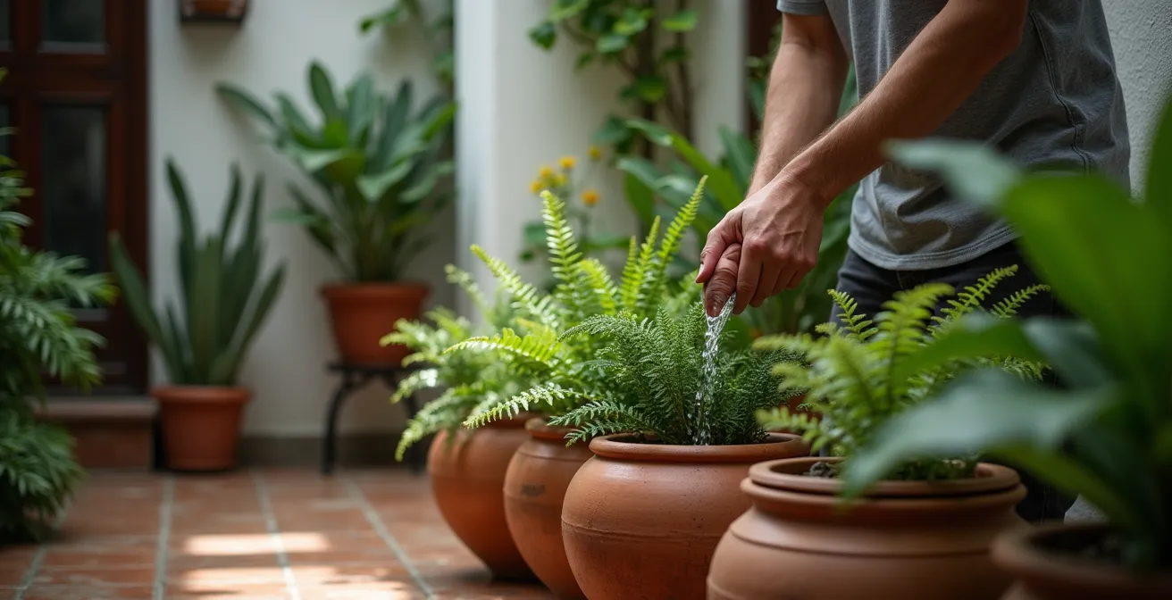 Patio interior sombreado con plantas de sotobosque mediterráneo en macetas de terracota