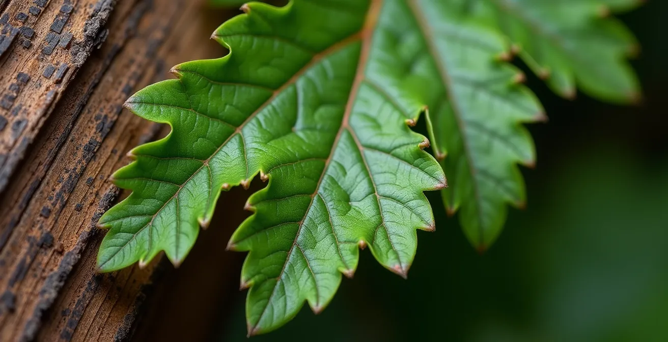 Detalle macro de vetas de madera de roble español con hojas de calathea