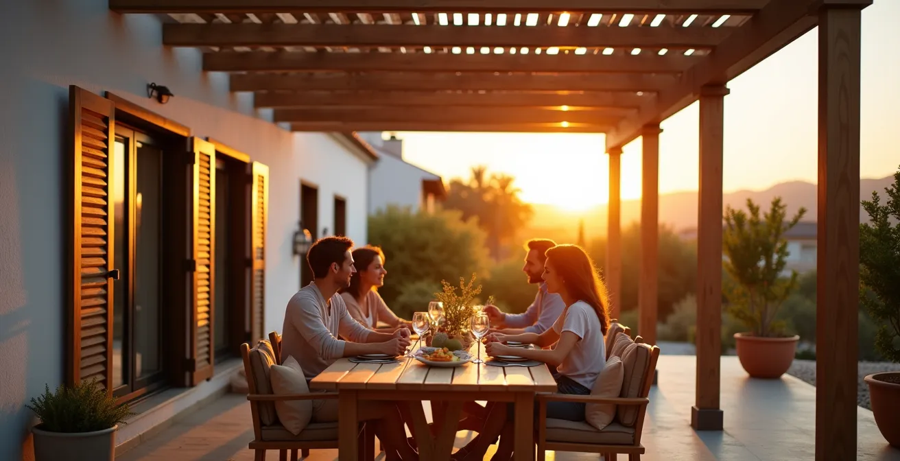 Pérgola bioclimática adosada a fachada de vivienda unifamiliar española