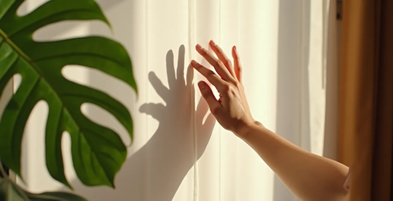 Mano proyectando sombra difusa sobre hojas de Monstera en luz indirecta brillante