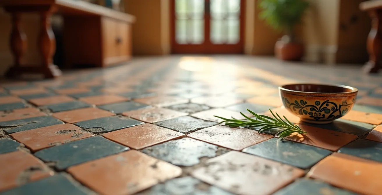 Entrada de casa española con baldosas hidráulicas, luz cálida y organización minimalista