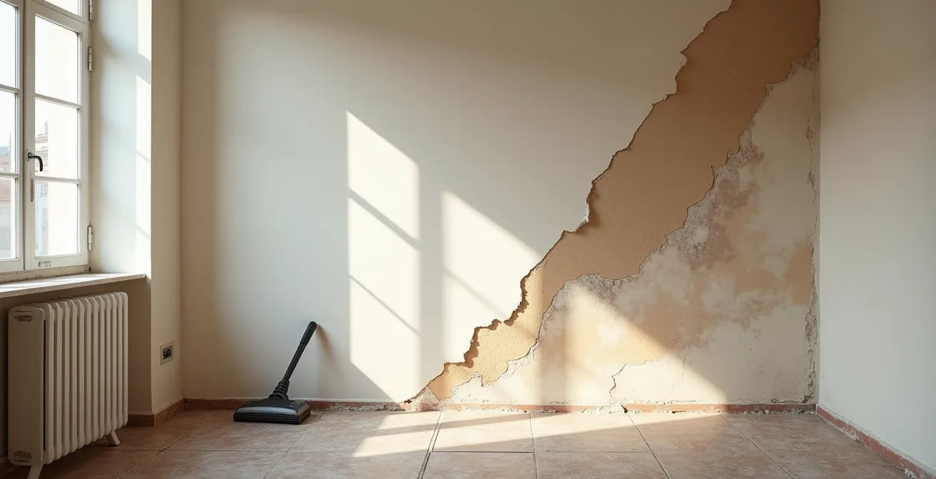 Proceso de retirada de papel pintado con vaporeta en pared española