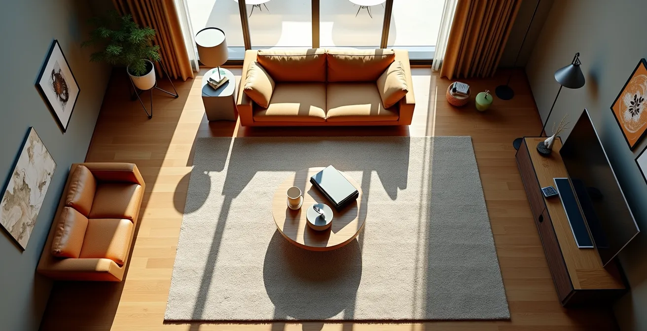 Salón con alfombra grande central creando zona de reunión acogedora