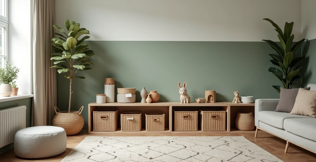 Zona de juegos infantil perfectamente integrada en salón moderno con almacenaje oculto