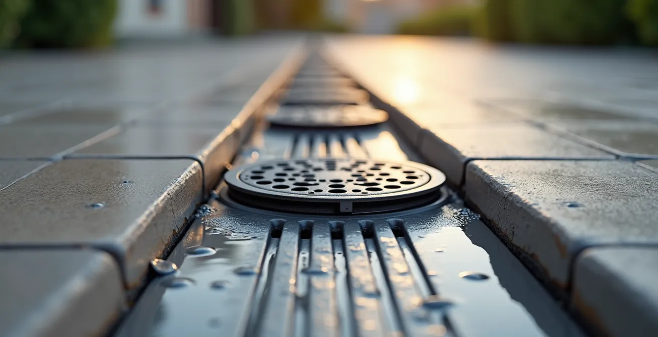 Detalle técnico de sistema de drenaje en terraza con suelo registrable y cazoletas ajustables