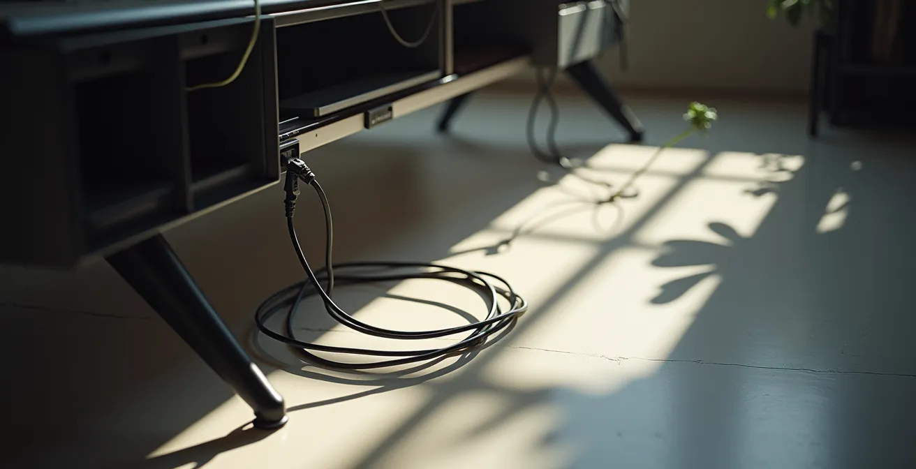 Sistema de gestión de cables integrado bajo escritorio con bandeja metálica y pasacables