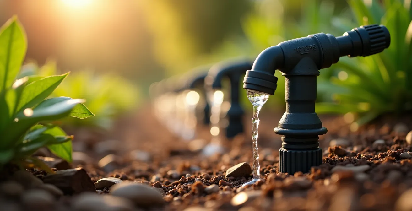 Sistema de riego por goteo automatizado con programador digital en jardín mediterráneo español