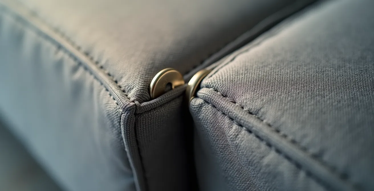 Detalle macro de sistema de anclaje entre módulos de sofá con textura de tela y metal
