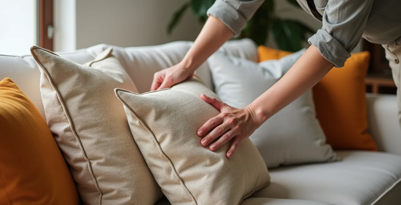 Sofá neutro con combinación equilibrada de cojines lisos y estampados mediterráneos